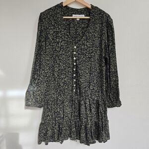 Emma & Michele Olive Green Black Animal Print Tiered Dress Large